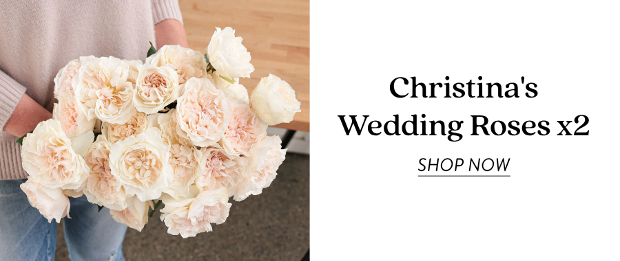 Product feature for “Christina’s Wedding Roses x2,” showing a cream and blush rose bouquet held by someone in a light sweater. Text on the right reads “Christina’s Wedding Roses” with a “Shop Now” link.