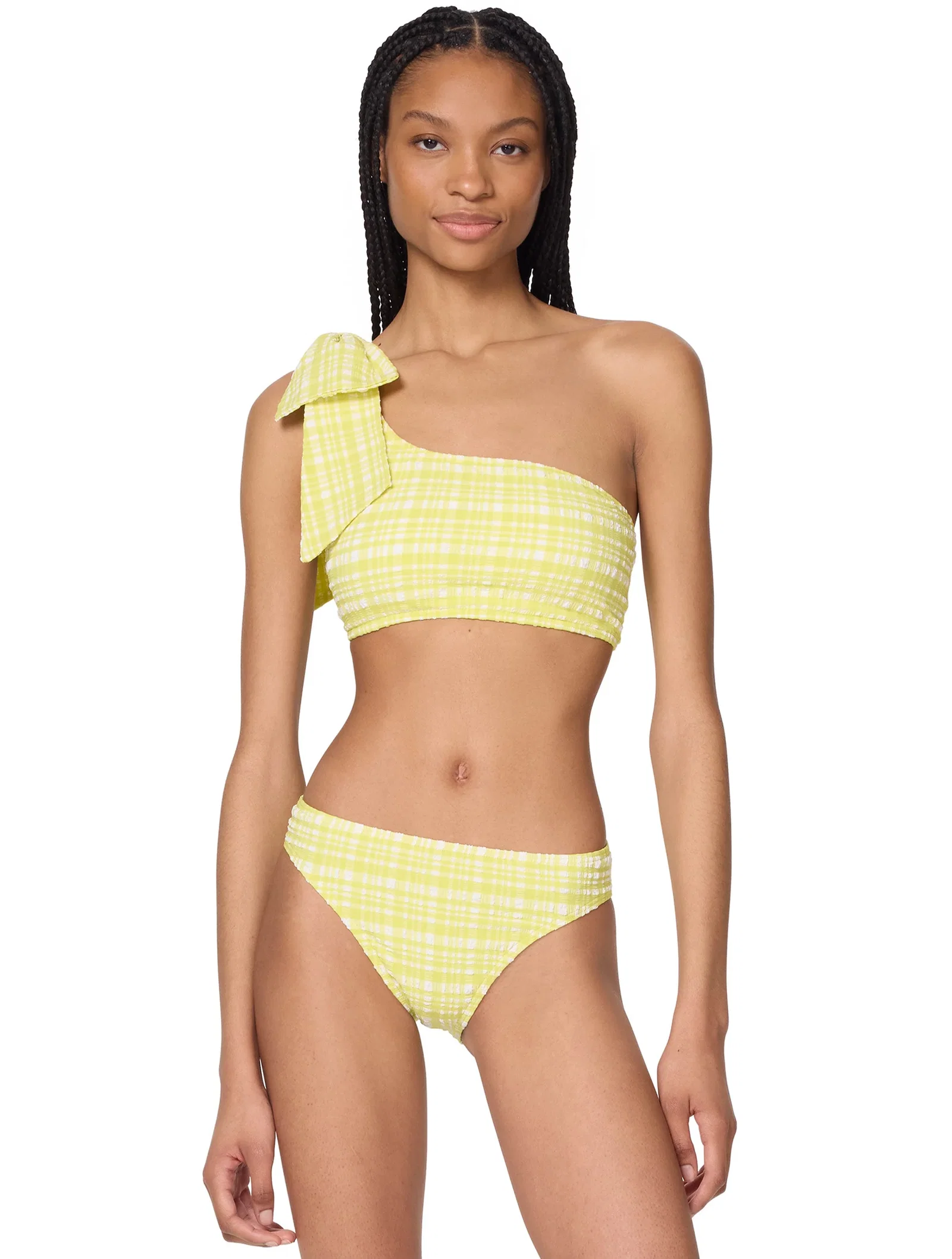 Image of kate spade new york Bow One Shoulder Bikini Top - Ocean Plaid