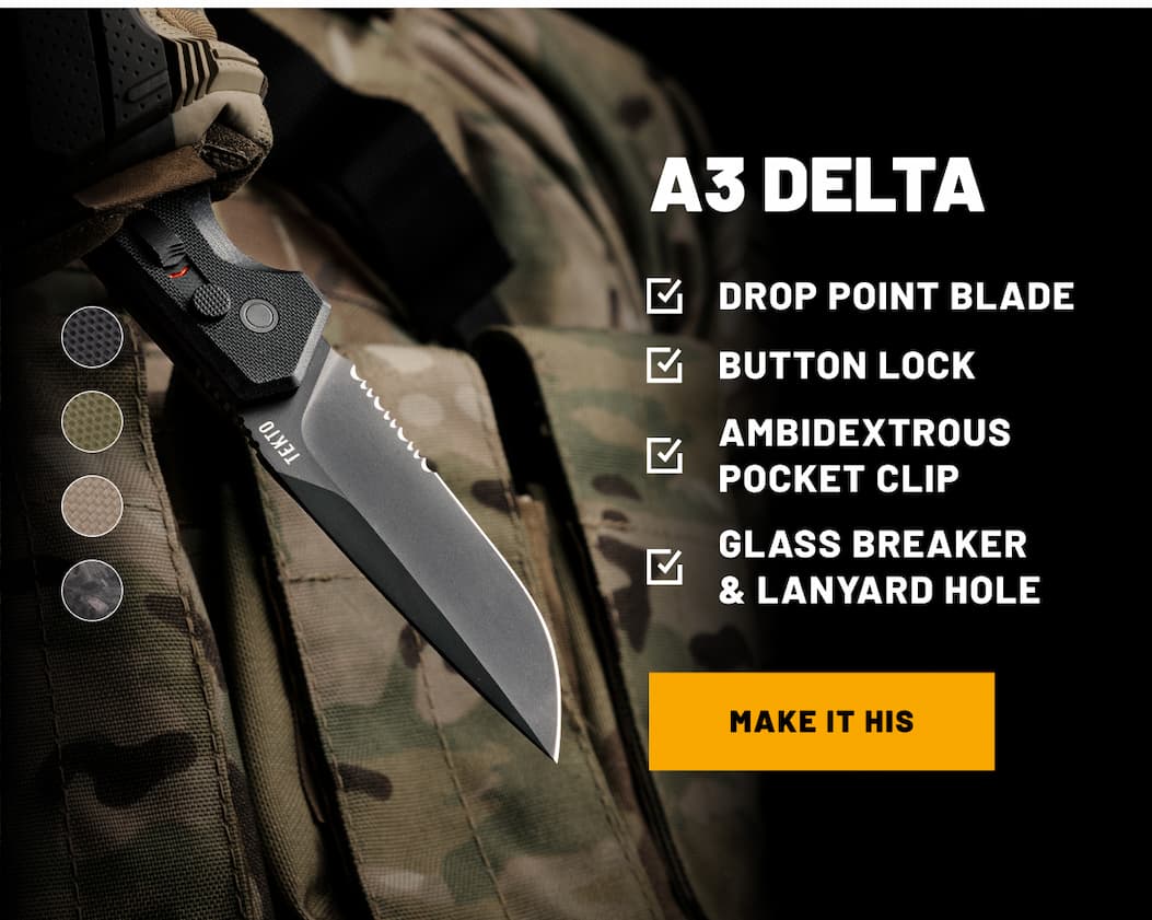 Tekto A3 Delta automatic knife with black blade.