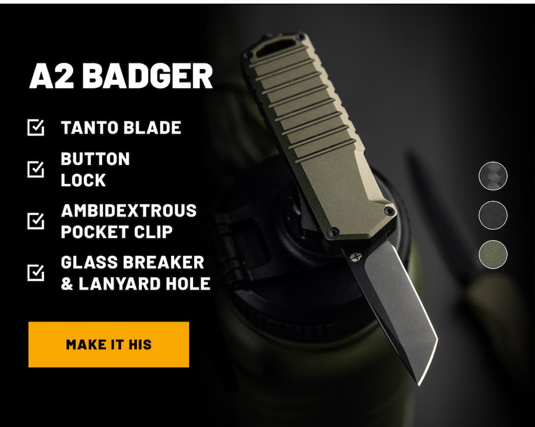Tekto A2 Badger automatic OTF knife with black blade.