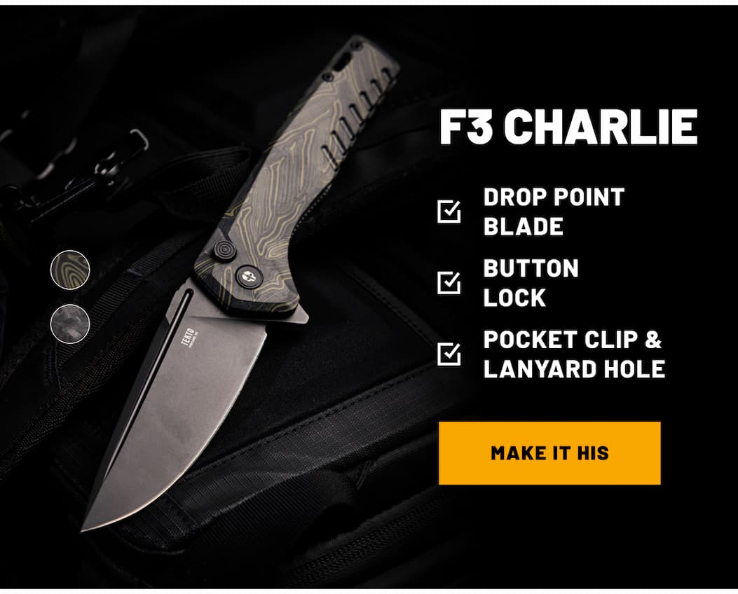 Tekto F3 Charlie folding knife with drop point blade and textured handle