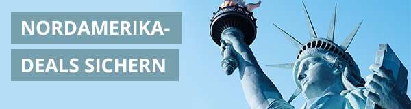 Freiheitsstatue vor blauem Himmel mit Schriftzug „NORDAMERIKA-DEALS SICHERN“ | Link auf AIDA