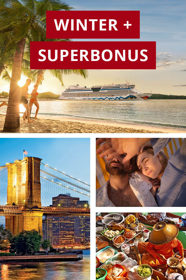 Collage mit mehreren Reiseszenen: tropischer Strand mit Palmen und Kreuzfahrtschiff, beleuchtete Hängebrücke in einer Stadt bei Nacht, zwei Personen liegend nebeneinander, sowie gedeckter Tisch mit verschiedenen Speisen. | Link zu AIDA