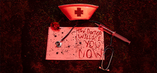 Nurse hat, syringe with fake blood, and a notebook that says written in fake blood "THE DOCTOR WILL SEE YOU NOW"
