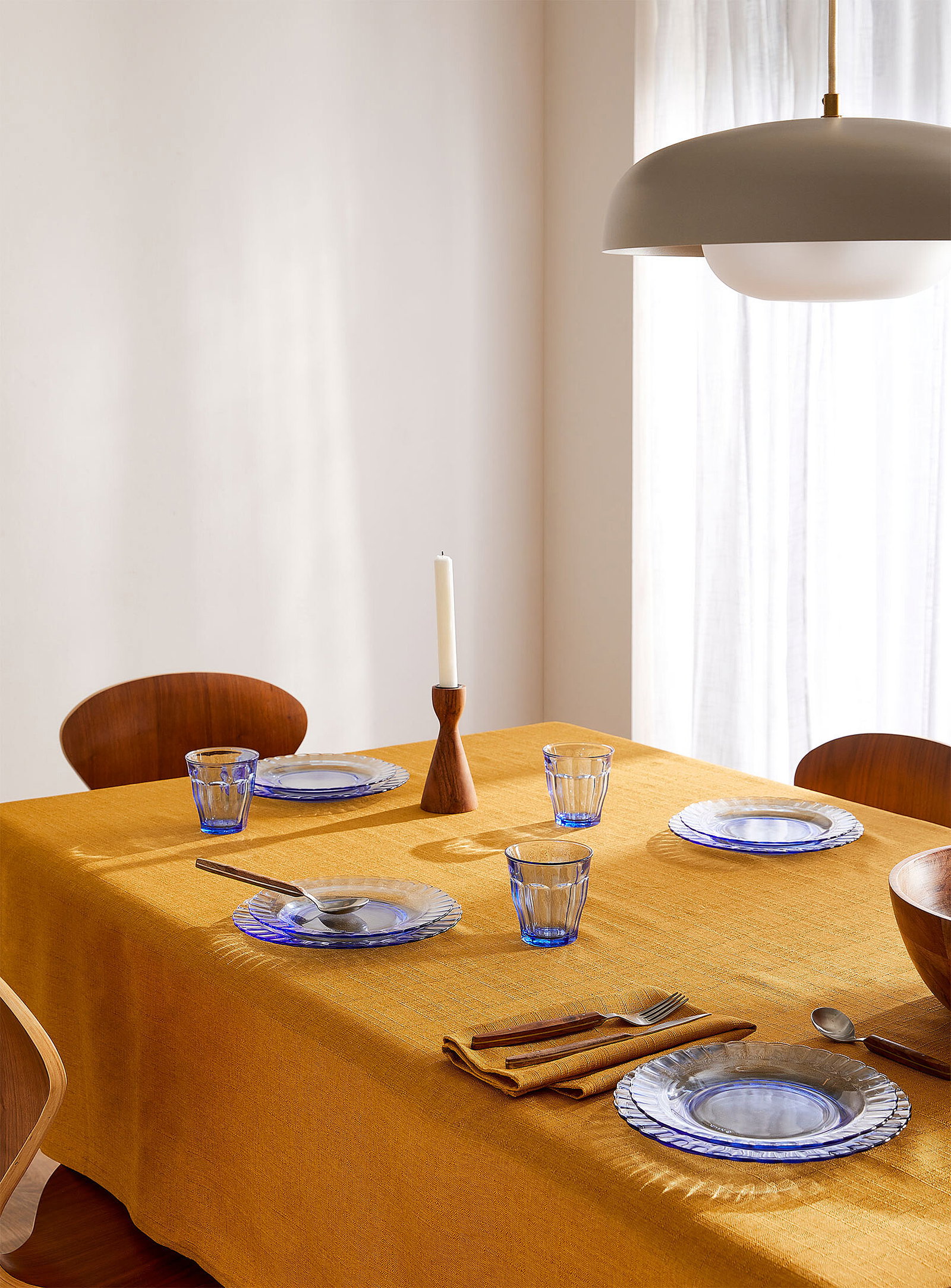 Mustard yellow textured tablecloth