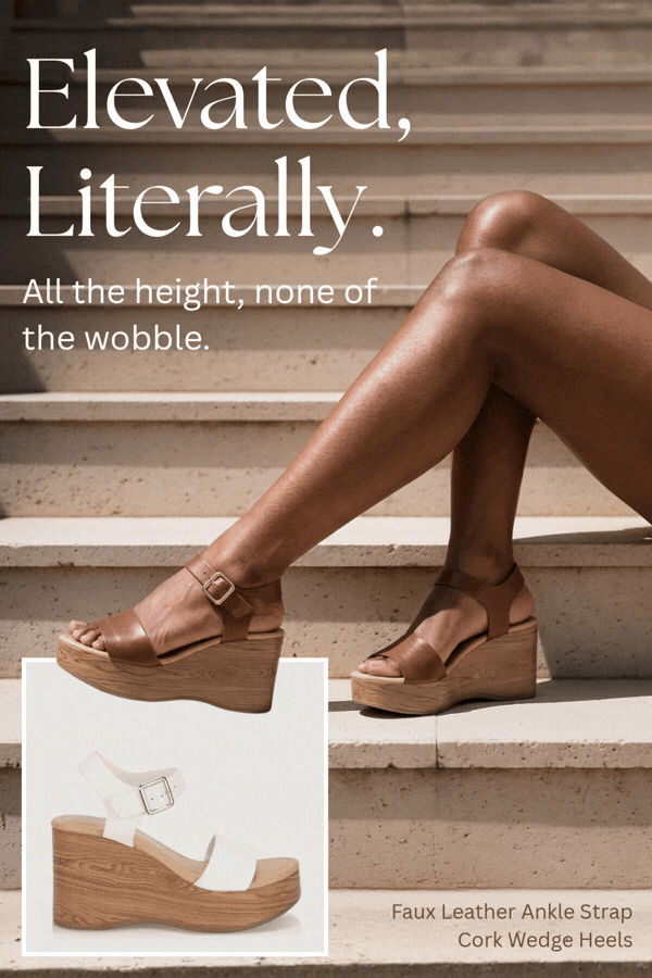 Elevated, Literally. - Shop Faux Leather Ankle Strap Cork Wedge Heels