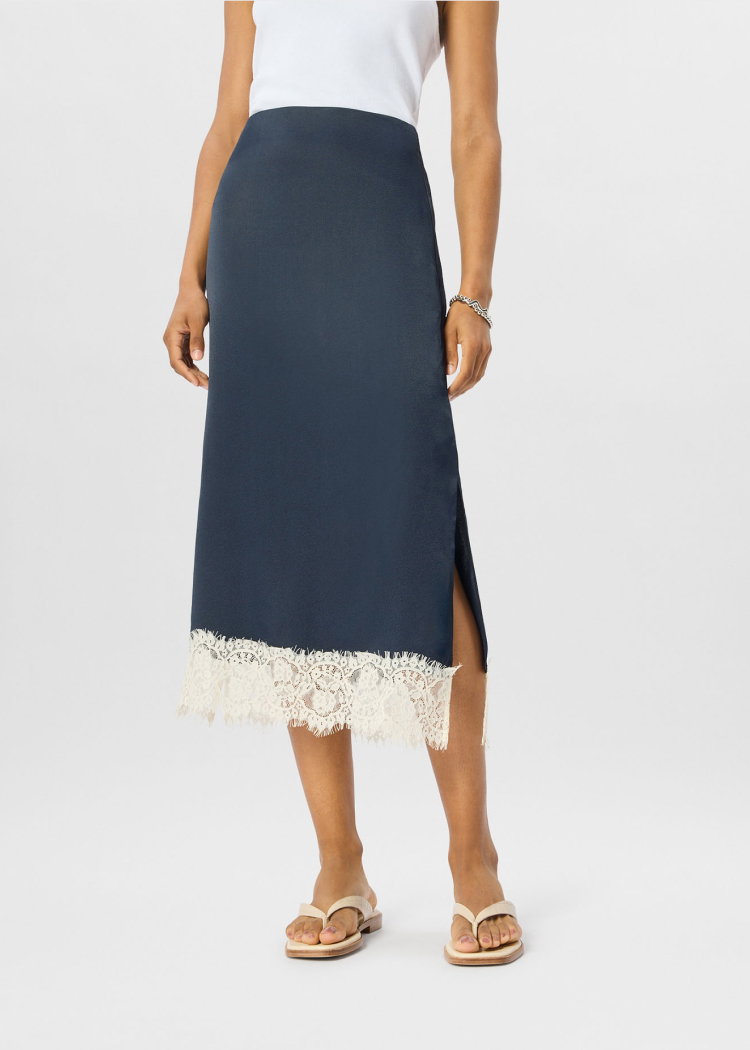 Navy Lace Hem Satin Midi Skirt