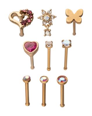 Multi-Pack CZ Butterfly and Heart Pin Nose Rings 9 Pack - 20 Gauge