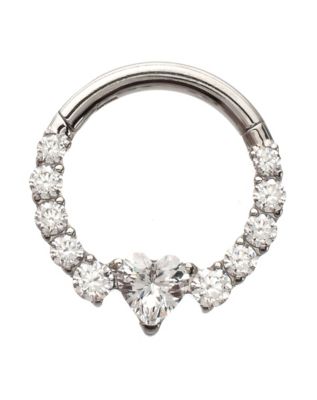 ASTM F-136 Titanium CZ Heart V-Shape Clicker Septum Ring - 16 Gauge