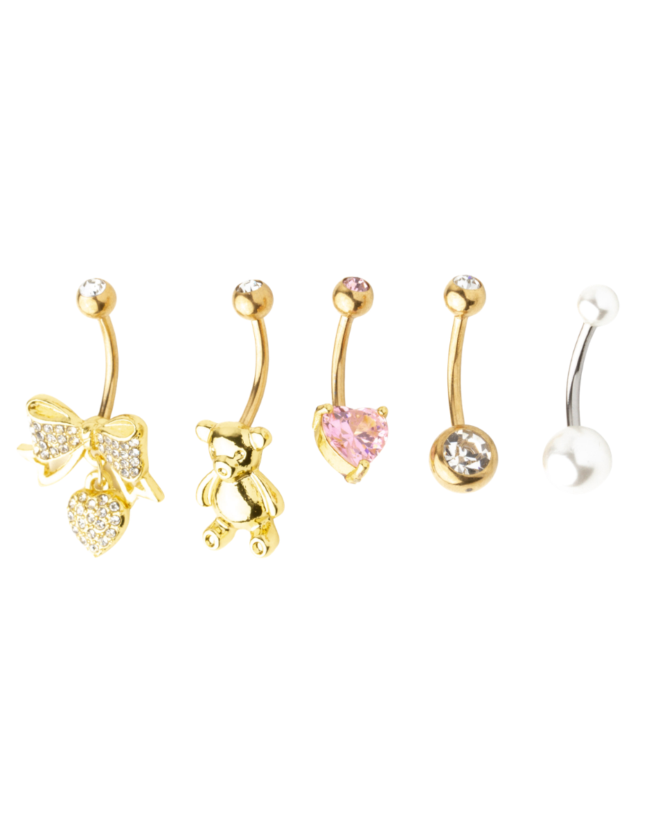 Multi-Pack Goldtone Bow Bear Belly Rings 5 Pack - 14 Gauge