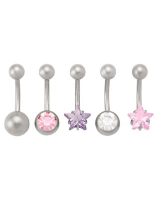CZ Pink and Purple ASTM F-136 Titanium 5 Pack Belly Rings - 14 Gauge