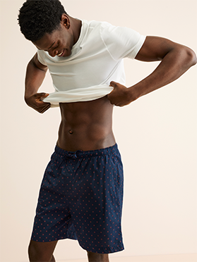 Men's Cotton Batiste Lounge Shorts in Navy Rose Star Motif