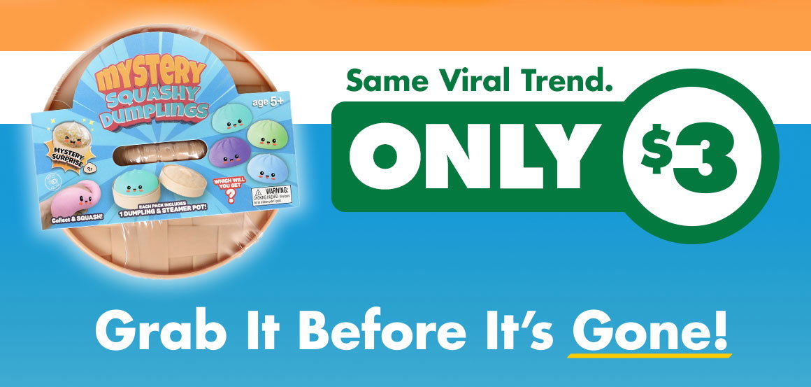 Same Viral trend. Only $3. Grab it before it's gone! Picture of Mystery Squashy Dumpling toy package.