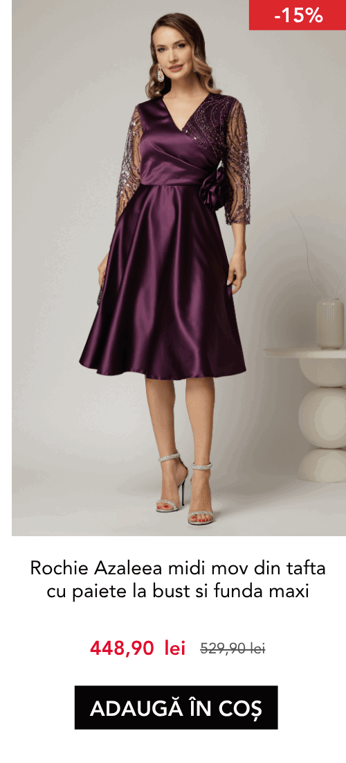 Rochie Azaleea midi mov din tafta cu paiete la bust si funda maxi in talie