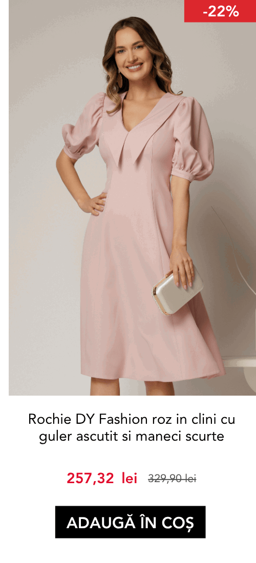 Rochie DY Fashion roz in clini cu guler ascutit si maneci scurte bufante