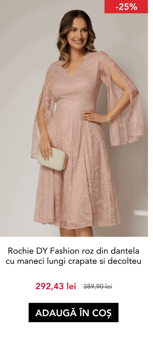 Rochie DY Fashion roz din dantela cu maneci lungi crapate si decolteu in V