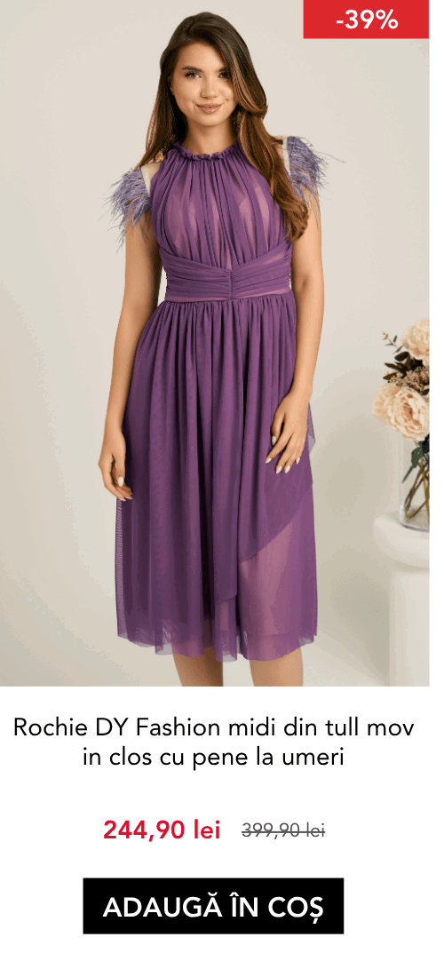 Rochie DY Fashion midi din tull mov in clos cu pene la umeri