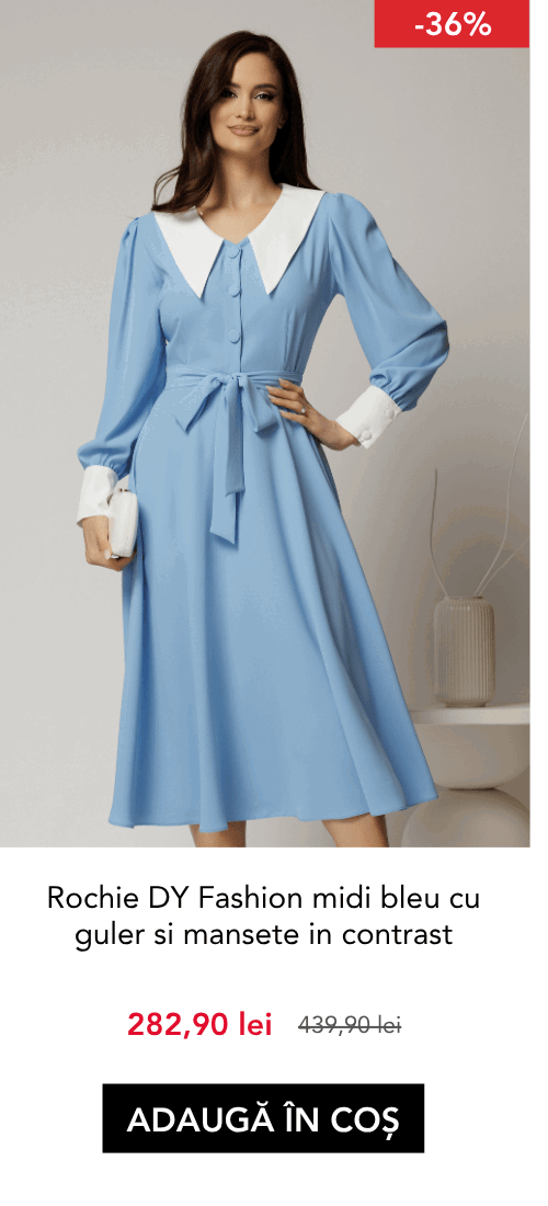 Rochie DY Fashion midi bleu cu guler si mansete in contrast