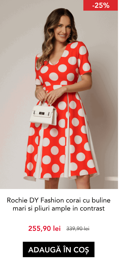 Rochie DY Fashion corai cu buline mari si pliuri ample in contrast