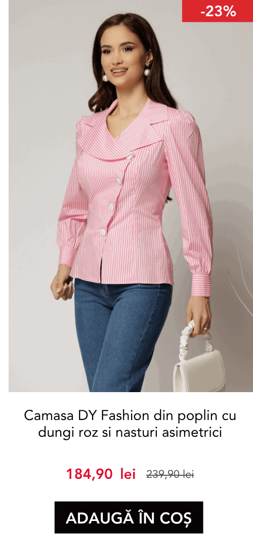 Camasa DY Fashion din poplin cu dungi roz si nasturi asimetrici