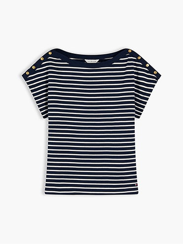 Gold Tone Button Boat Neck T-Shirt