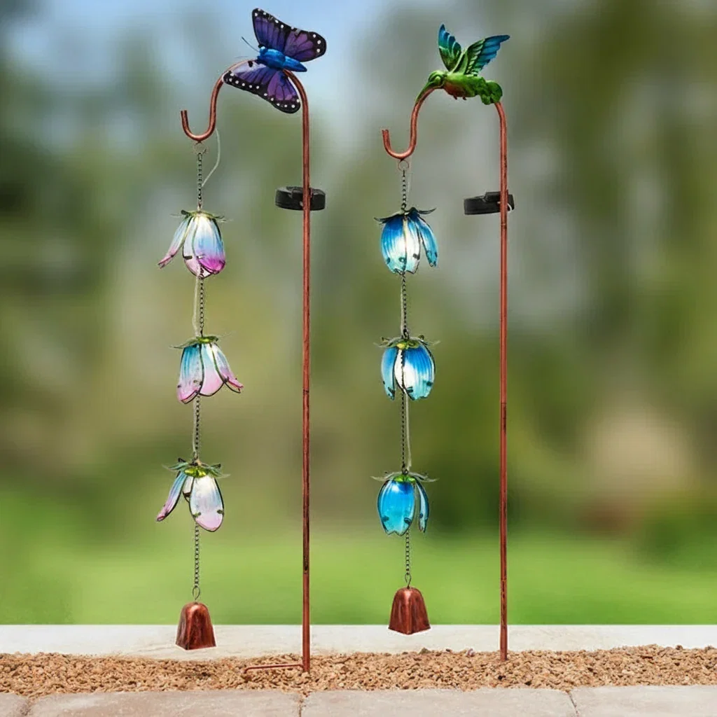 Image of Cascading Flower Solar Garden Stake - Butterfly or Hummingbird