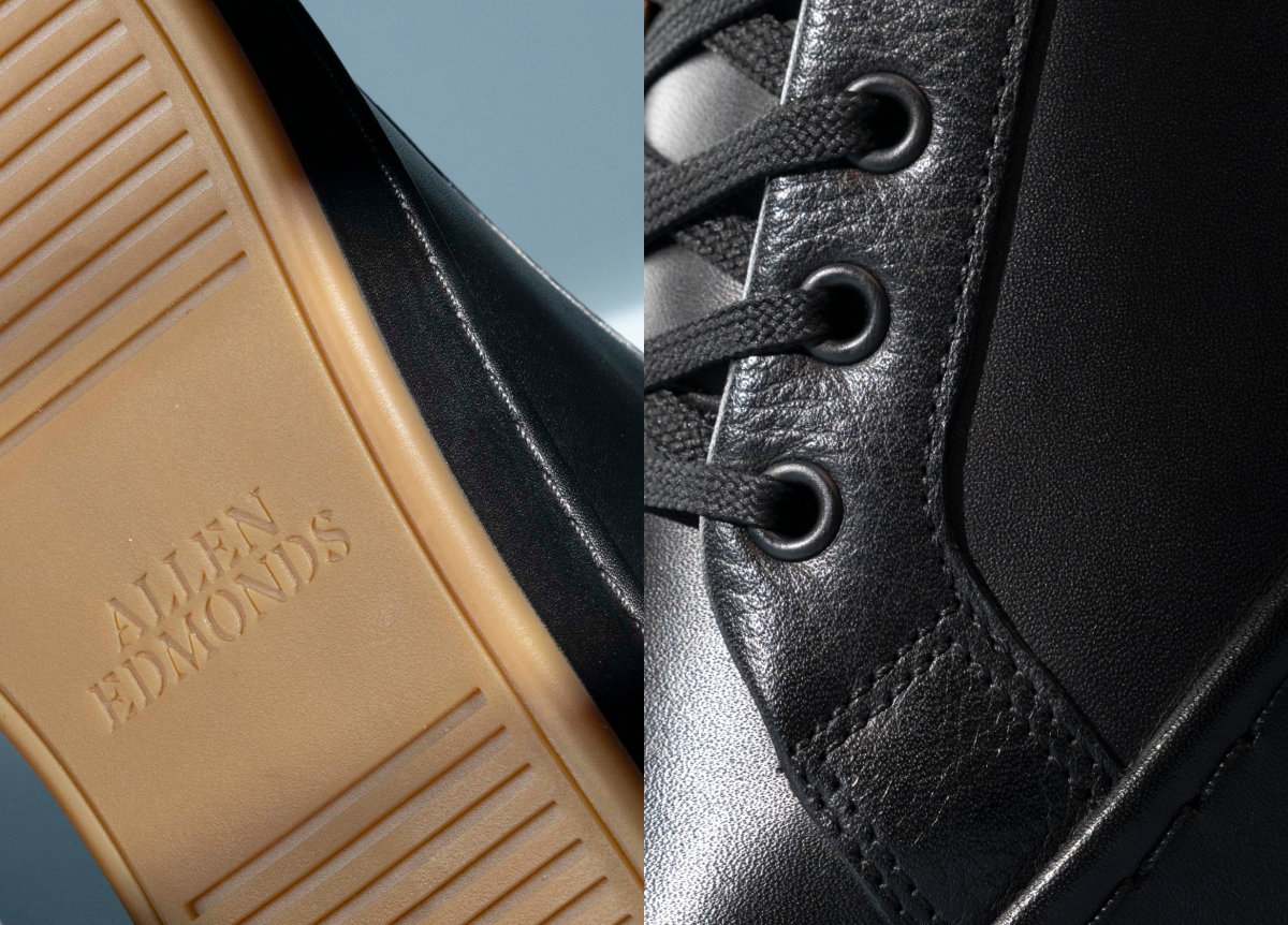 Close-up of the lacing feature and sole of the Barnes Sneaker in black leather.