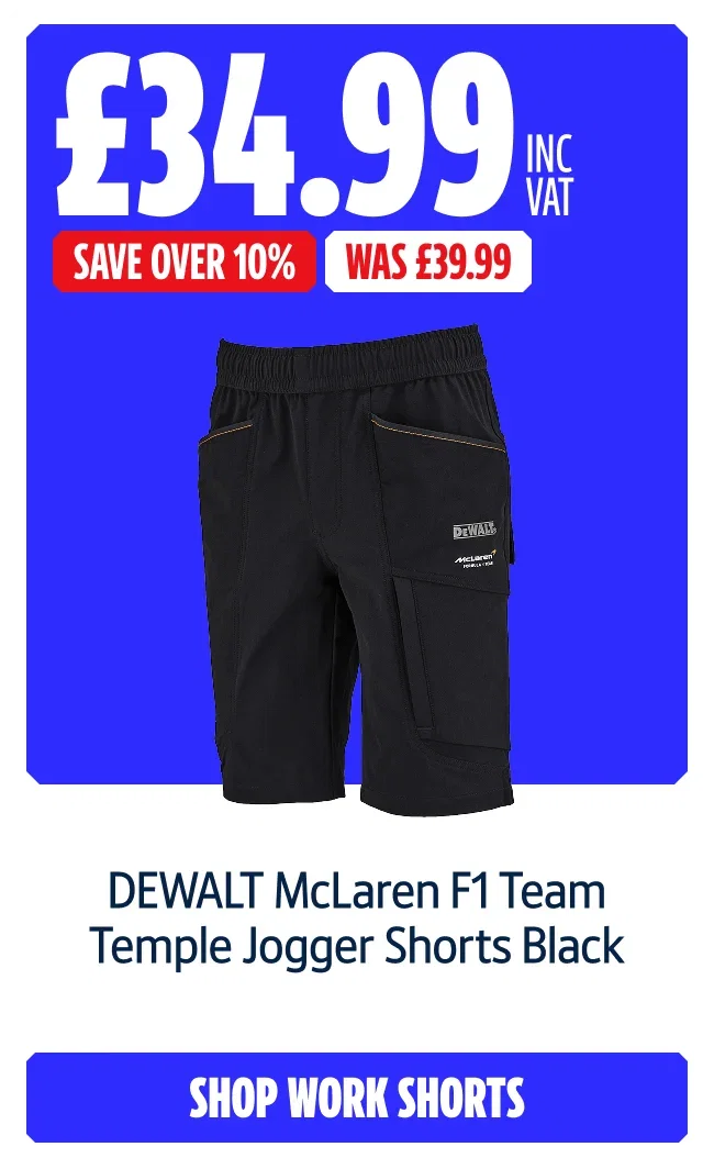 Save Over 10% on DEWALT McLaren F1 Team Temple Jogger Shorts Black. Now £34.99 inc VAT Was £39.99. Shop Work Shorts.