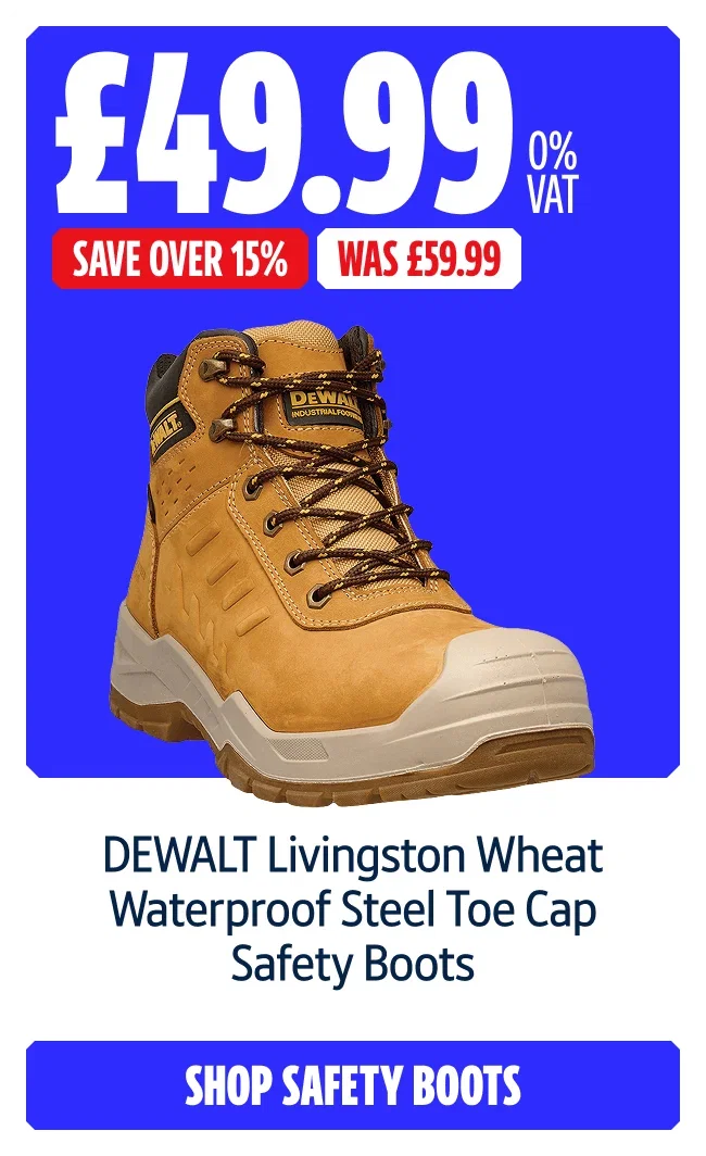 Save over 15% on DEWALT Livingston Wheat Waterproof Steel Toe Cap Safety Boots. Now £49.99 0% VAT Was £59.99. Shop Safety Boots.