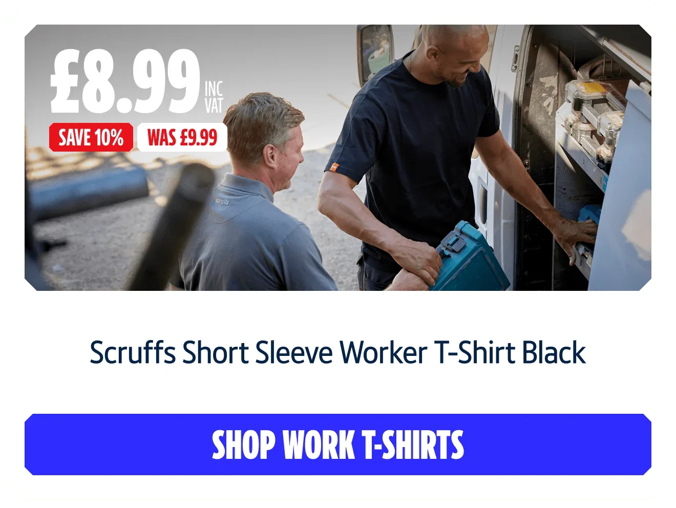 Save 10% on Scruffs Short Sleeve Worker T-Shirt Black. Now £8.99 inc VAT Was £9.99. Shop Work T-Shirts.