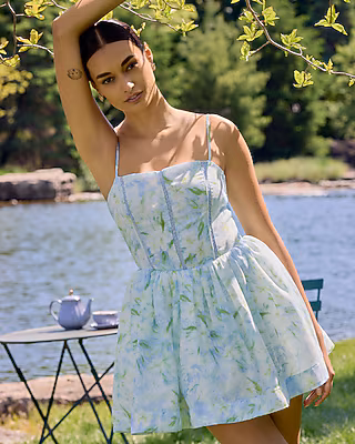 Floral Square Neck Lace Smocked Back Mini Fit and Flare Dress