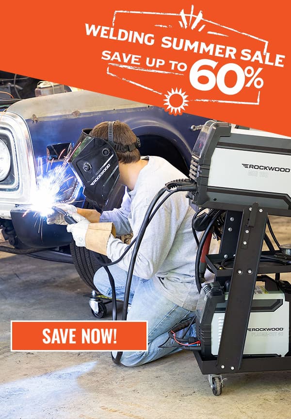 Person welding a vehicle in a garage using a Rockwood welder and welding cart. Text overlay reads: “Welding Summer Sale – Save Up to 60%” with a “Save Now!” call-to-action.