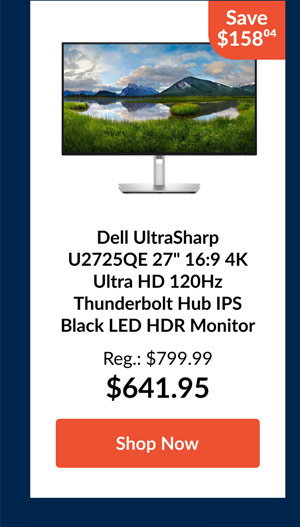 Dell UltraSharp U2725QE 27inches 16:9 4K Ultra HD 120Hz Thunderbolt Hub IPS Black LED HDR Monitor