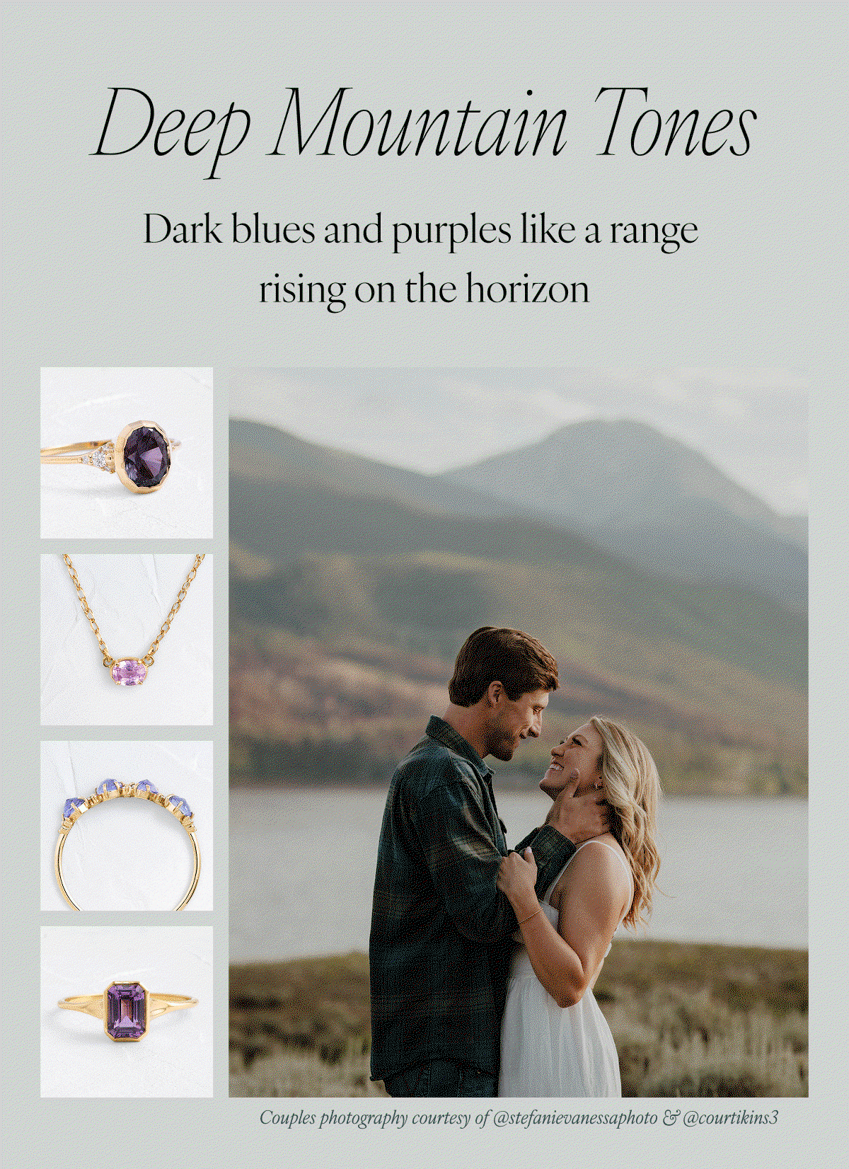 Deep Mountain Tones: Dark blues and purples like a range rising on the horizon. Couples photography courtesy of @stefanievanessaphoto & @courtikins3