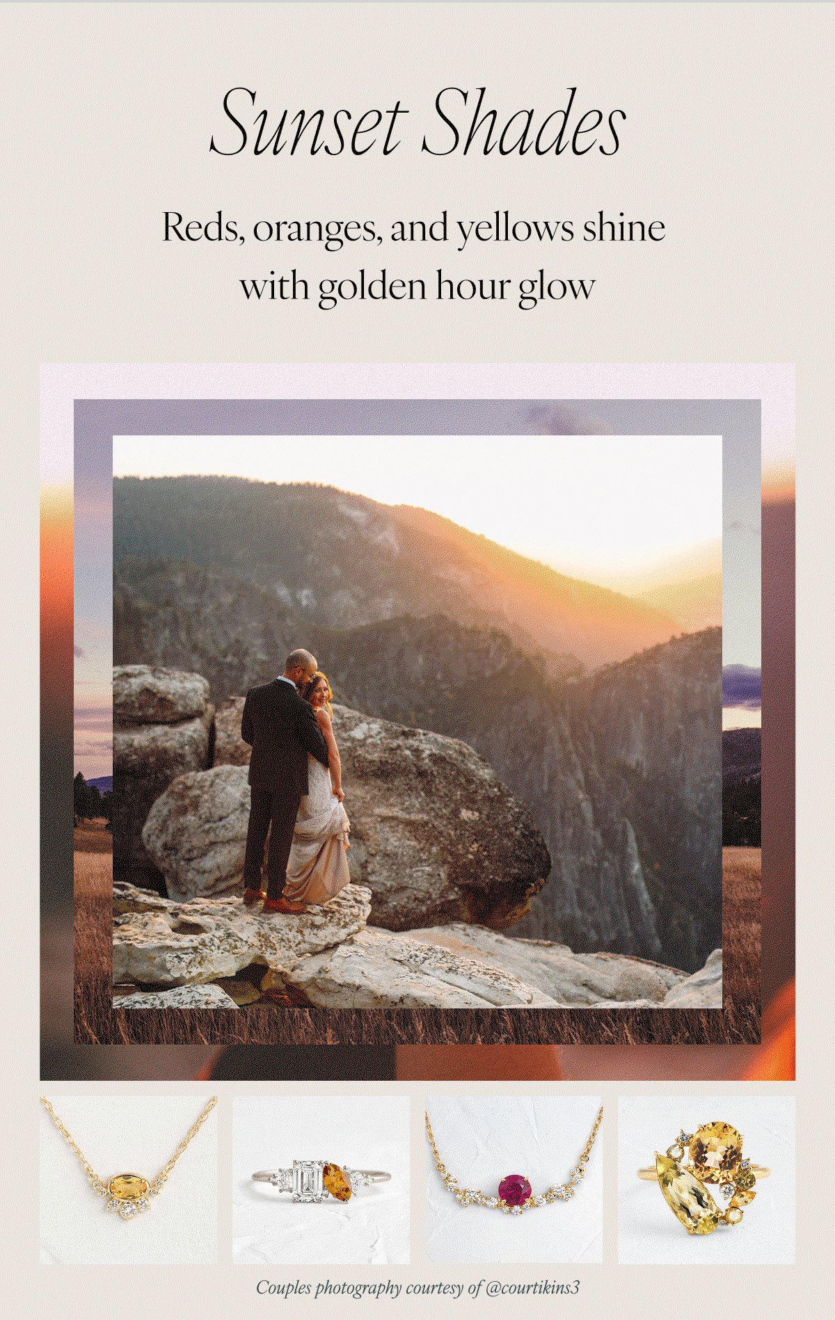 Sunset Shades: Reds, oranges, and yellows shine with golden hour glow. Couples photography courtesy of @courtikins3