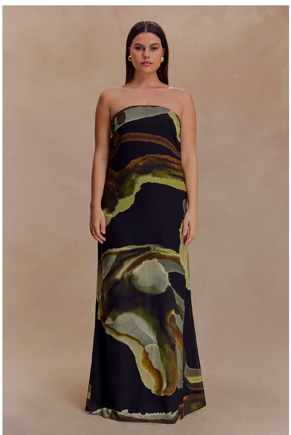 Amaya FINAL SALE Strapless Chiffon Maxi Dress - Green Fluid Reverie Print