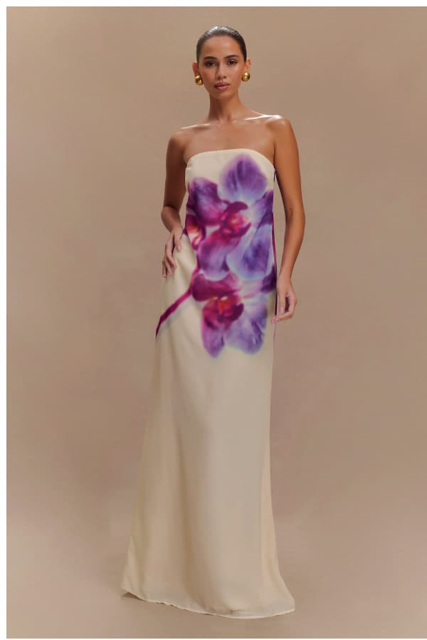 Amaya Strapless Chiffon Maxi Dress - Ivory Koi Orchid Print