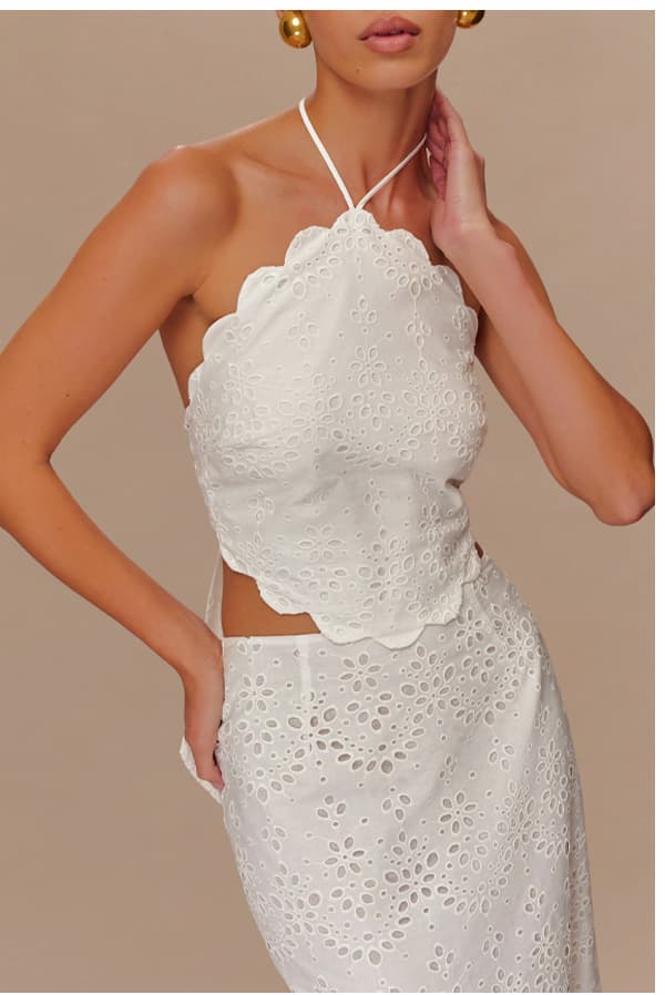 Kensley Broderie Halter Top - White