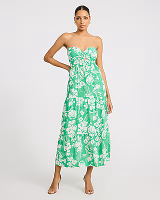 Floral Strapless Sweetheart Twist Front Tiered Maxi Dress