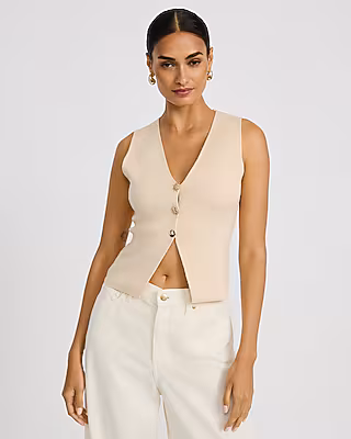 Ribbed V-Neck Gold Button Front Cutaway Sweater Vest