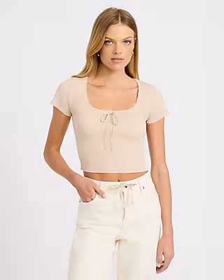 Ribbed Scoop Neck Bow Front Lace Trim Tee