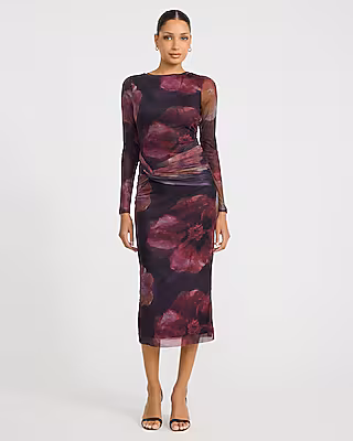 Mesh Floral Long Sleeve Twist Waist Midi Dress