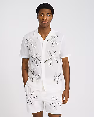 Embroidered Floral Ivory Cotton Short Sleeve Shirt