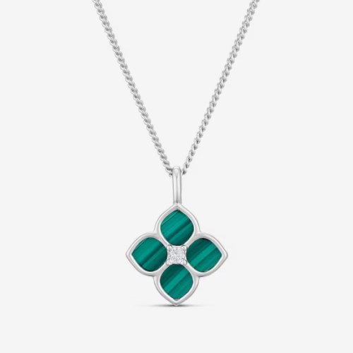 Sterling Silver Cubic Zirconia & Malachite Flower Pendant on Curb Chain