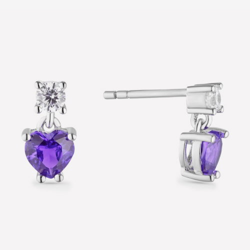 Sterling Silver Purple Cubic Zirconia Heart & White Cubic Zirconia Stud Earrings