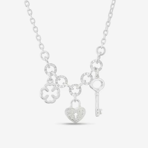 Sterling Silver Clover, Key & Cubic Zirconia Heart Charm Necklace
