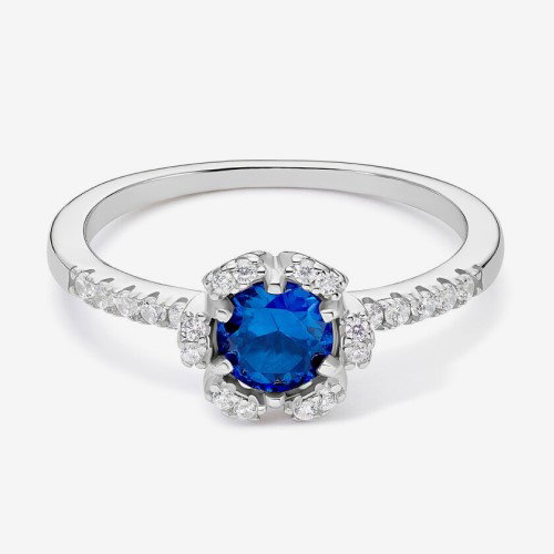 Sterling Silver Blue & White Cubic Zirconia Flower Ring