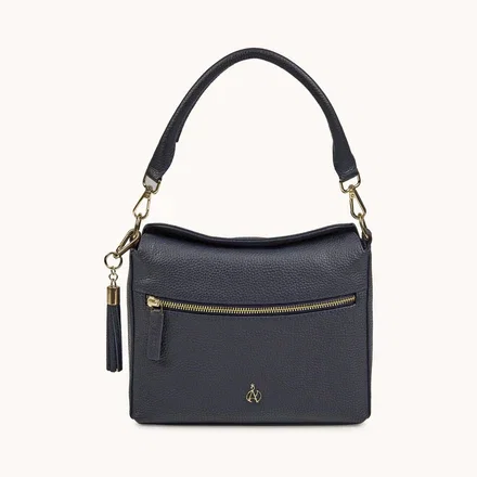 'FIONA' Navy Pebble Grain Real Leather Shoulder Bag