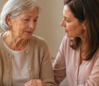 Woman comforting an older adult during a supportive conversation at home.