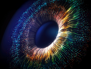 Colorful abstract eye-like shape with radiating light streaks on a dark background.